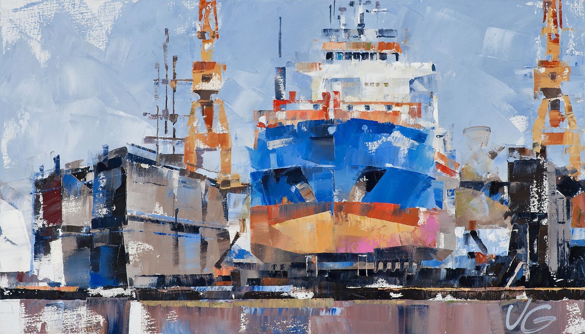 Impressionistic Landscape Oil Painting By Volodymyr Glukhomanyuk, 28 X 16", Cargo Ship Eileen C, Original Artwork