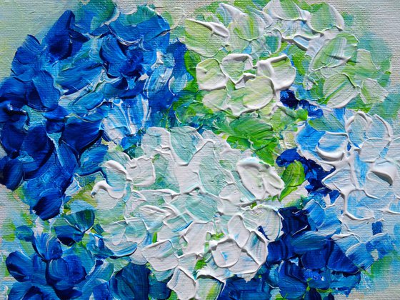 White and Blue Hydrangea Small Painting on Canvas