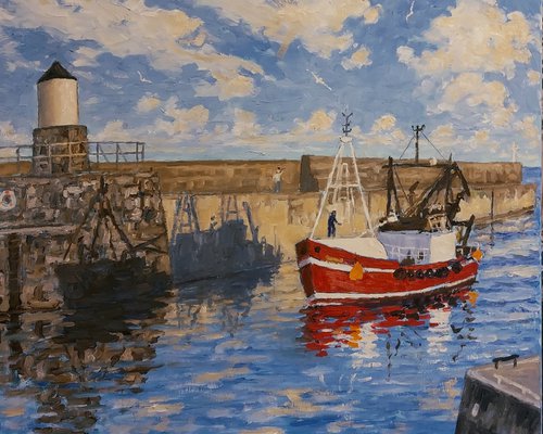 fishing boat entering pittenweem harbour, evening light by Colin Ross Jack