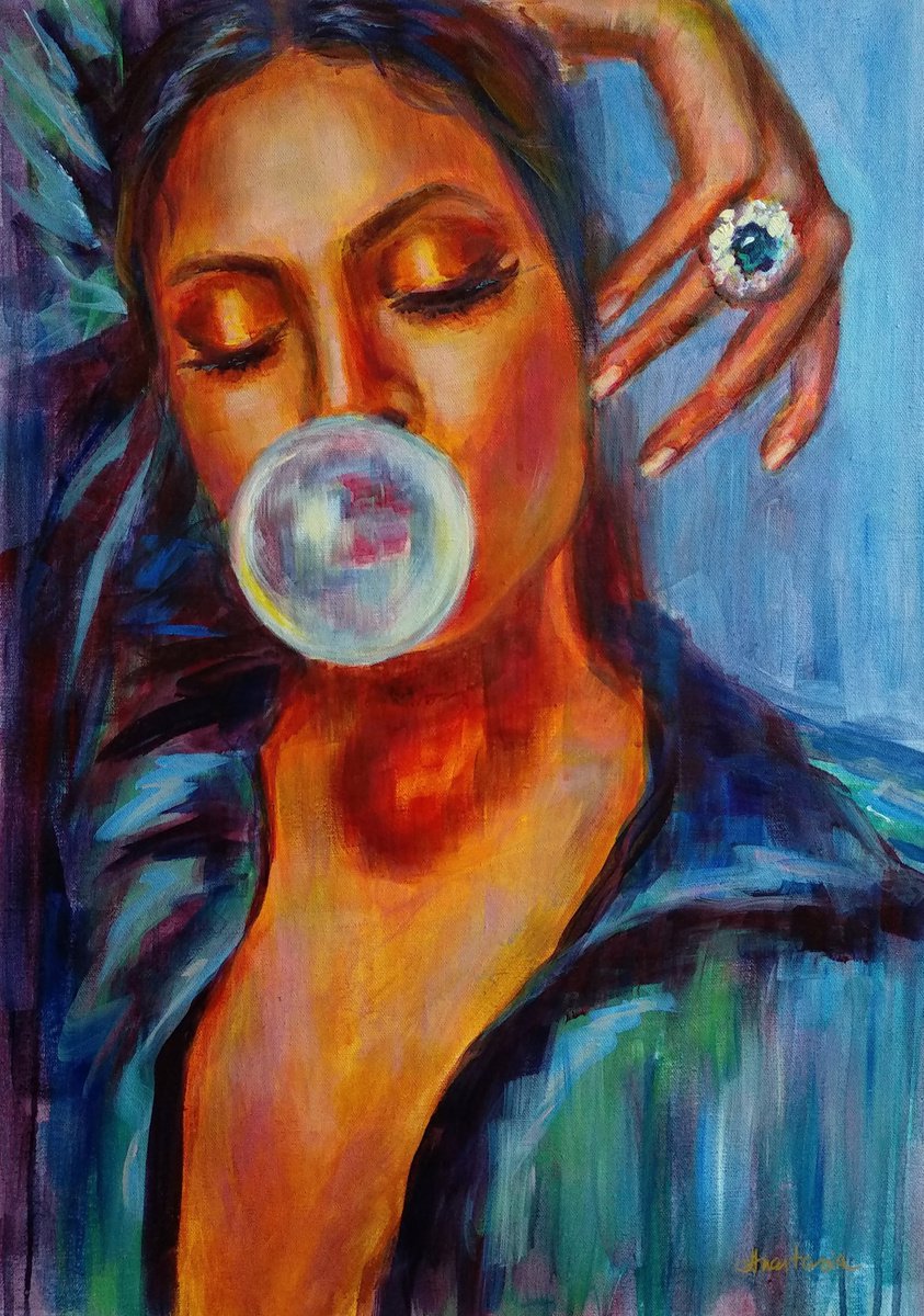 Golden time My World My Rules Acrylic Expressionism Beautiful Woman Portrait by Anastasia Art Line