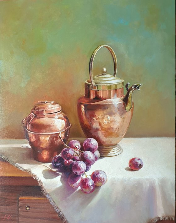 "Still life with grapes and an old exquisite  copper-brass utensil." still life grapes old brass jug summer  liGHt original painting  GIFT (2021)