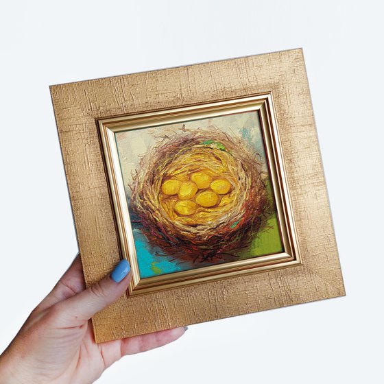 Golden eggs painting canvas oil original, Small art framed painting 6x6, Egg nest painting miniature wall art