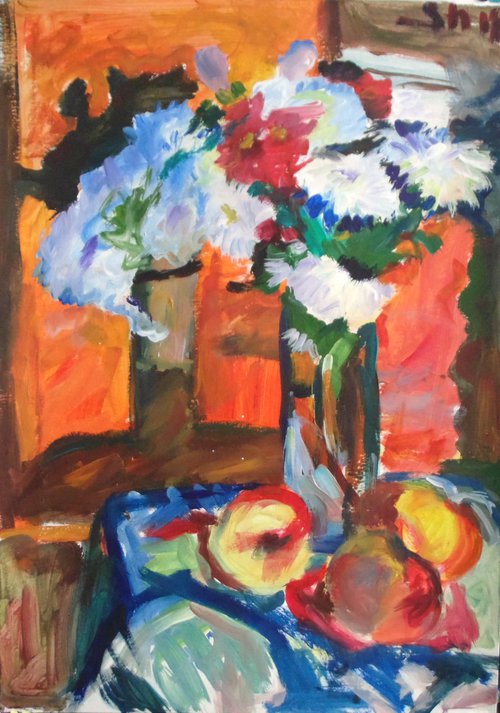 Bouquet and apples lit by the sun. Acrylic paints on dense primed paper. 42 x 60 cm by Alexander Shvyrkov