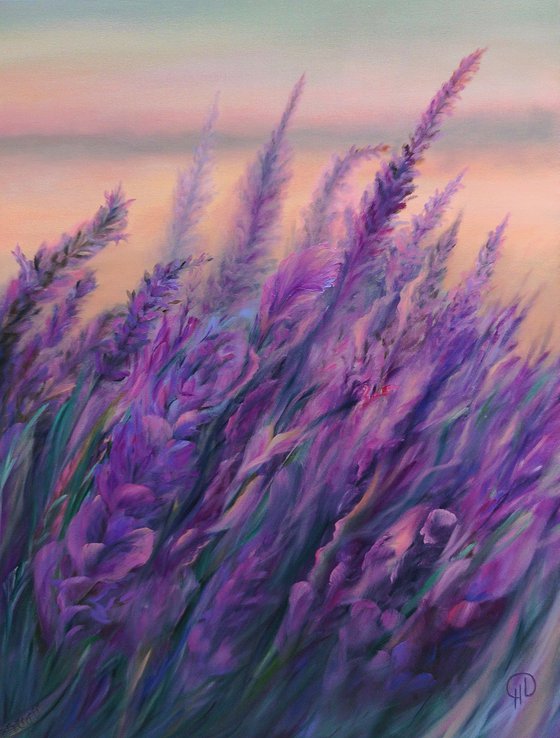 Lavender Breeze, oil painting, original gift, home decor, Flowering, Living Room, leaves, many flowers, flower picture,  delicate flowers,  lavender, lavender field, lilac flowers
