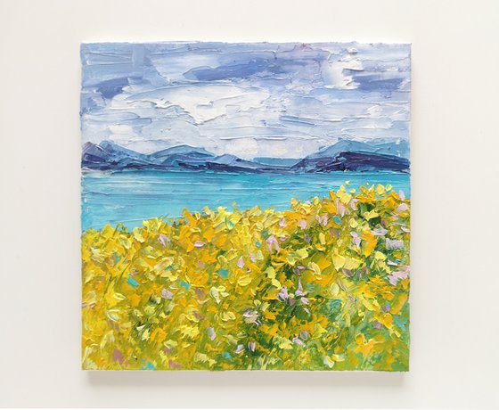 Impressionist landscape, sea, flower meadow, small oil painting