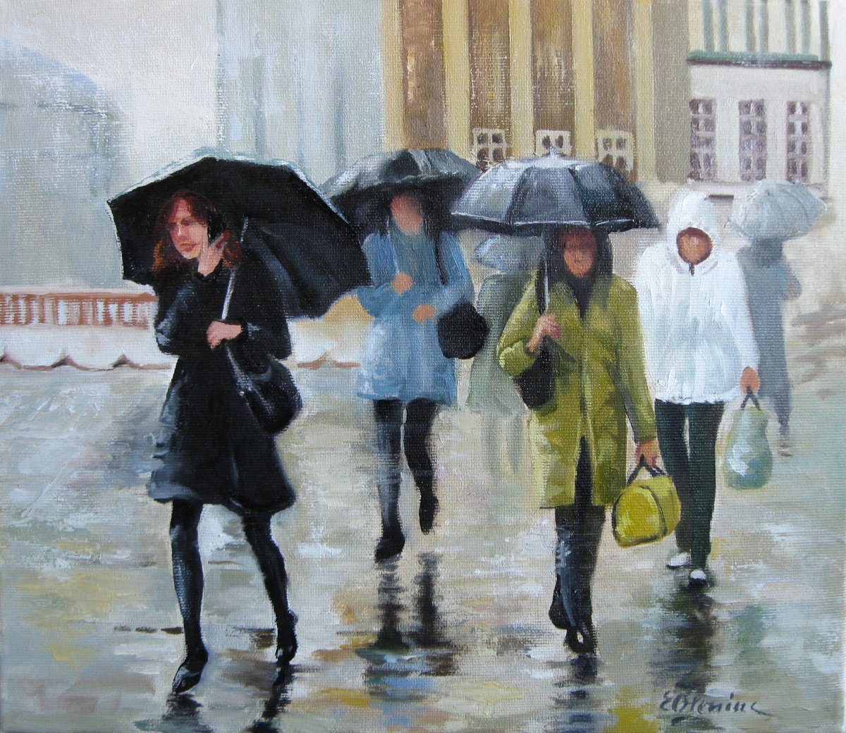 Expressive Portrait Oil Painting By Elena Oleniuc, 14 X 12, Umbrellas, Original Artwork