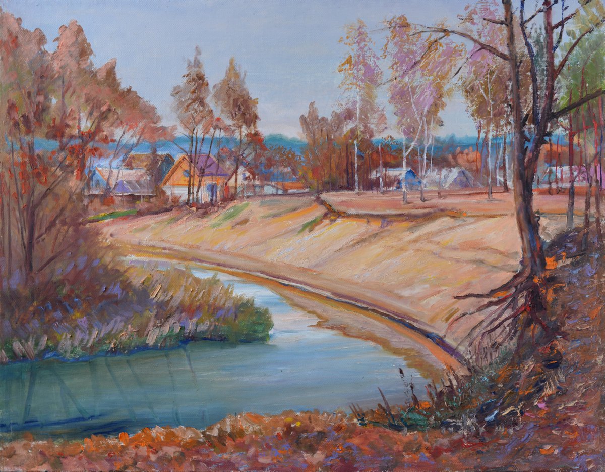 Impressionistic Landscape Oil Painting By Vyacheslav Onyshchenko, 35 X 28", Autumn On Belous, Original Artwork