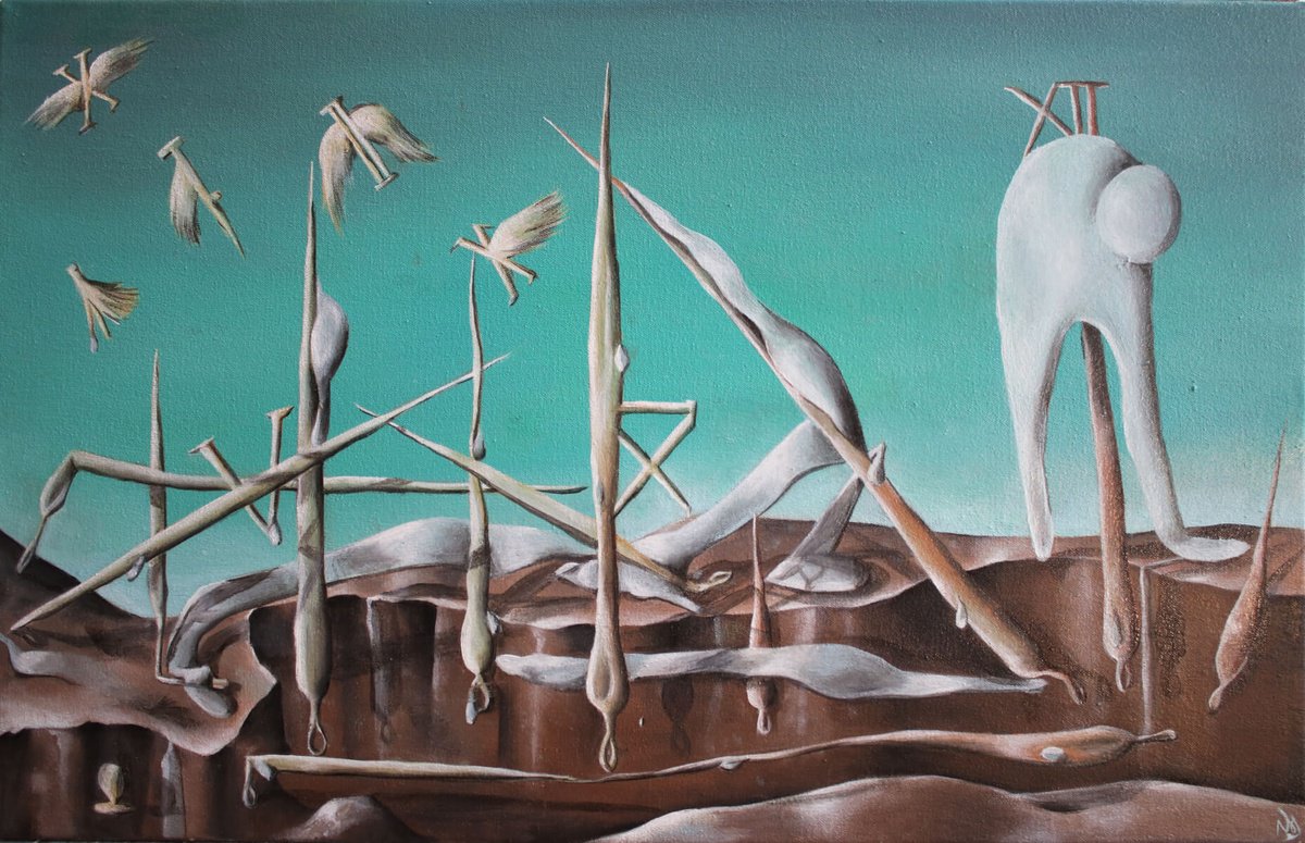 Surrealistic Landscape Oil Painting By Vanessa T Stefanova, 20 X 13", No Time, Original Artwork