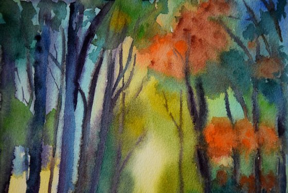 Fall watercolor painting Autumn forest with river