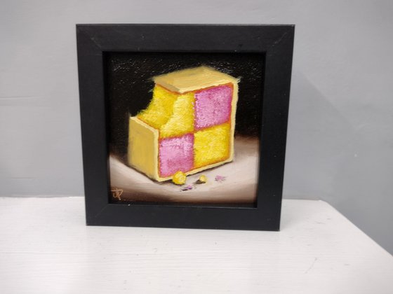 Little Battenberg cake slice still life