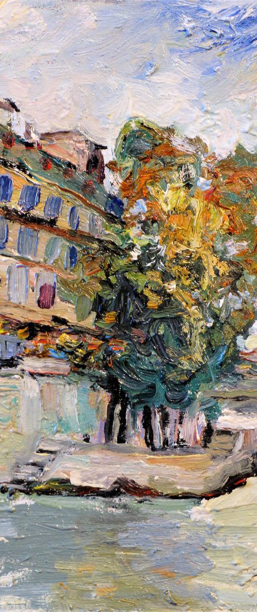 Autumn, embankment and blue boat. by Nikifor Swiristuhin