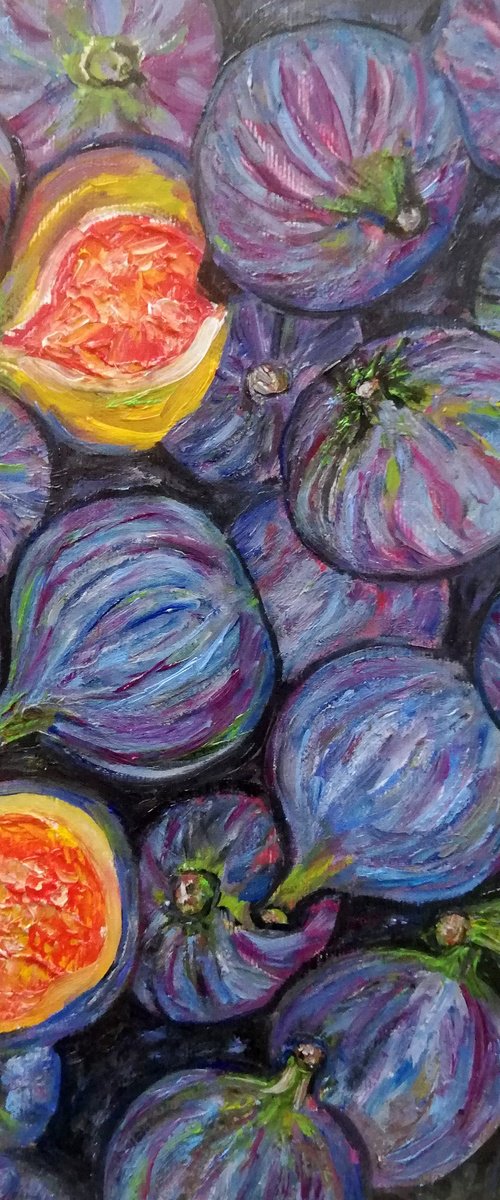 "Figs on Black Surface" Original Oil on Canvas Board Fruit Painting 7 by 10" (18x24cm) by Katia Ricci