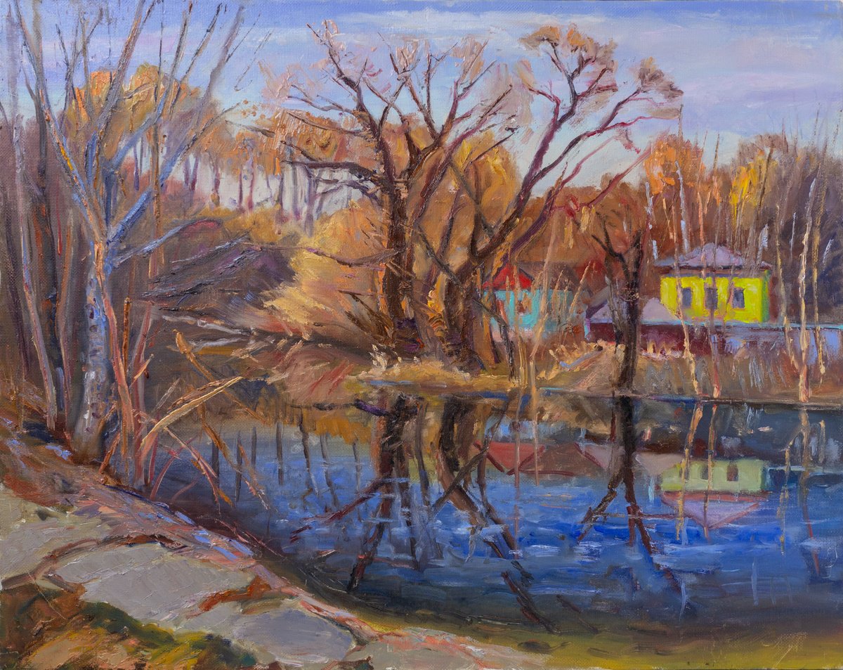 Impressionistic Landscape Oil Painting By Vyacheslav Onyshchenko, 35 X 28", By The River Stryzhen, Original Artwork