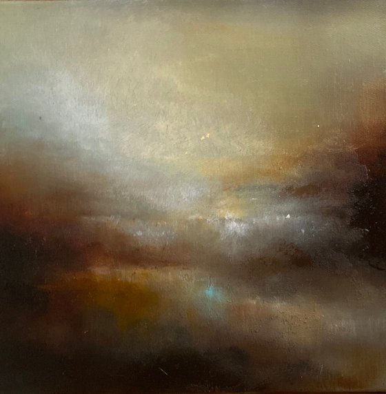 Awakening 30X30 cm  - gold particles original oil painting landscape gift modern urban art office art decor home decor gift idea