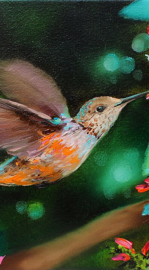 Hummingbird and Red Flowers by Natalia Shaykina