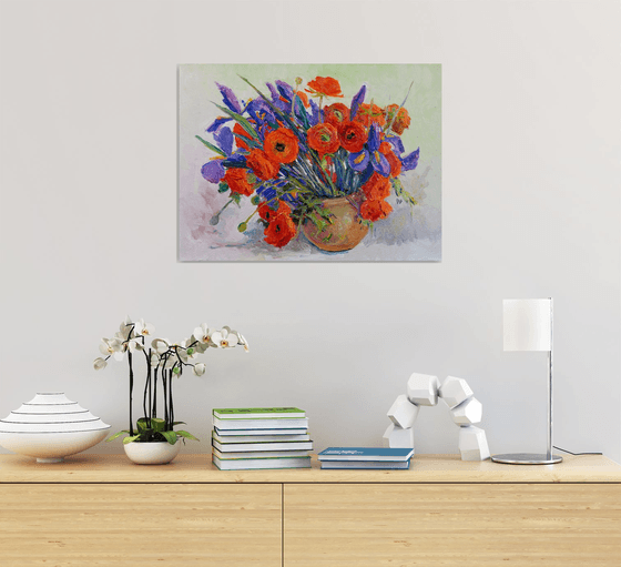 Orange Ranunculus and Blue Iris Flowers