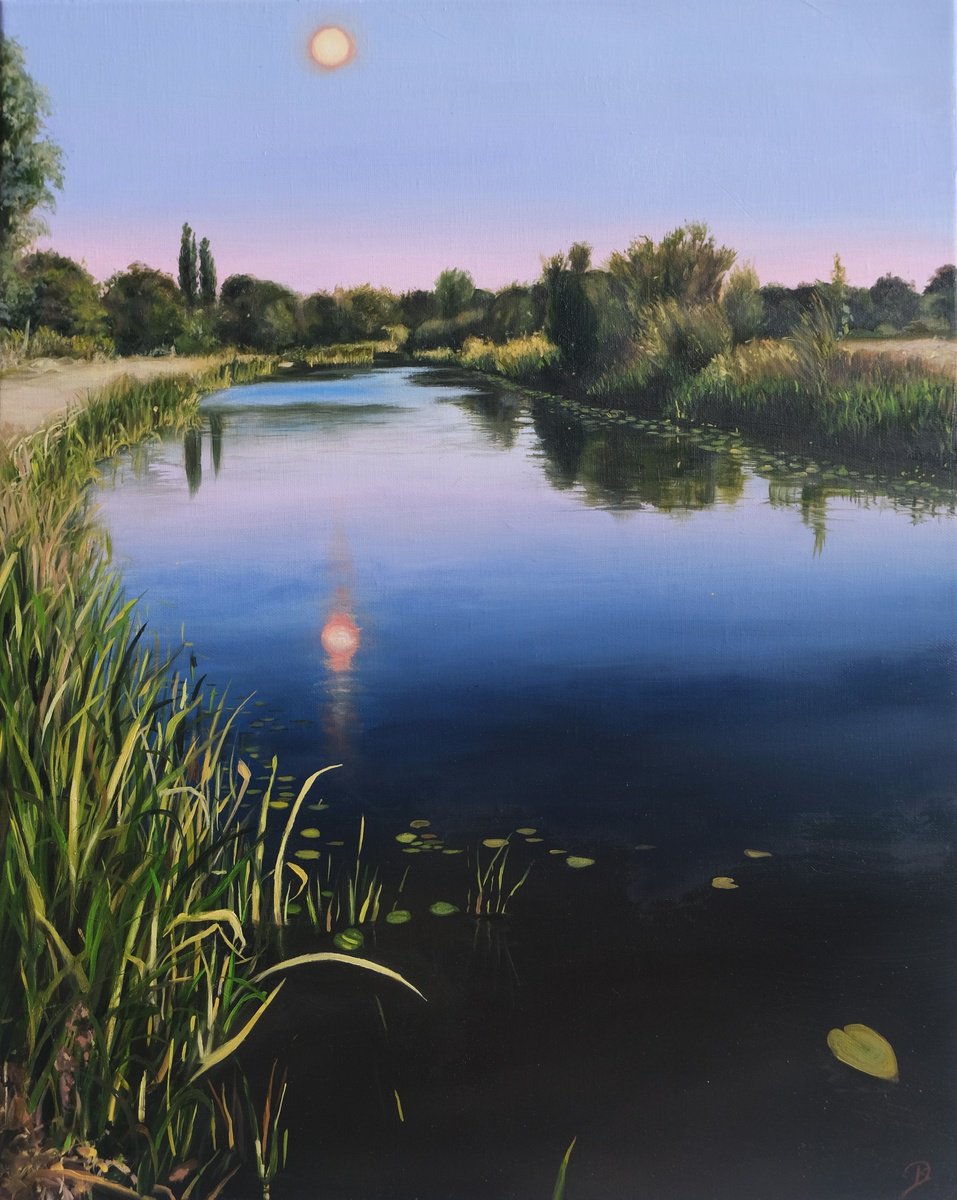 Organic Landscape Oil Painting By Kerry Lisa Davies, 16 X 20", Moons Reflection, Original Artwork