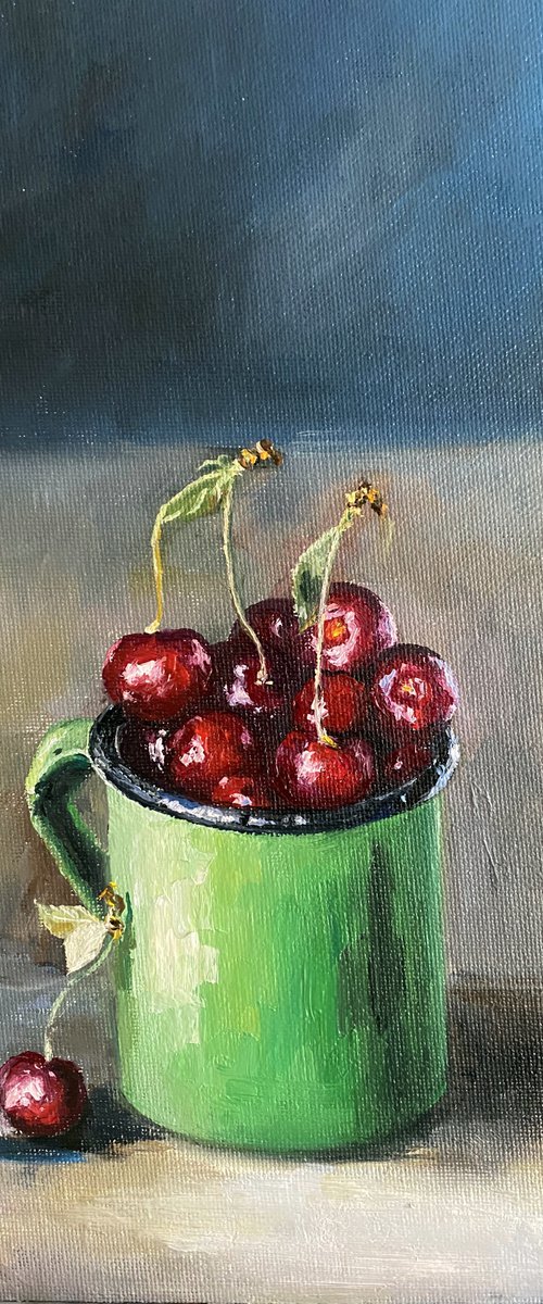 Cherries in a green cup by Elvira Sultanova