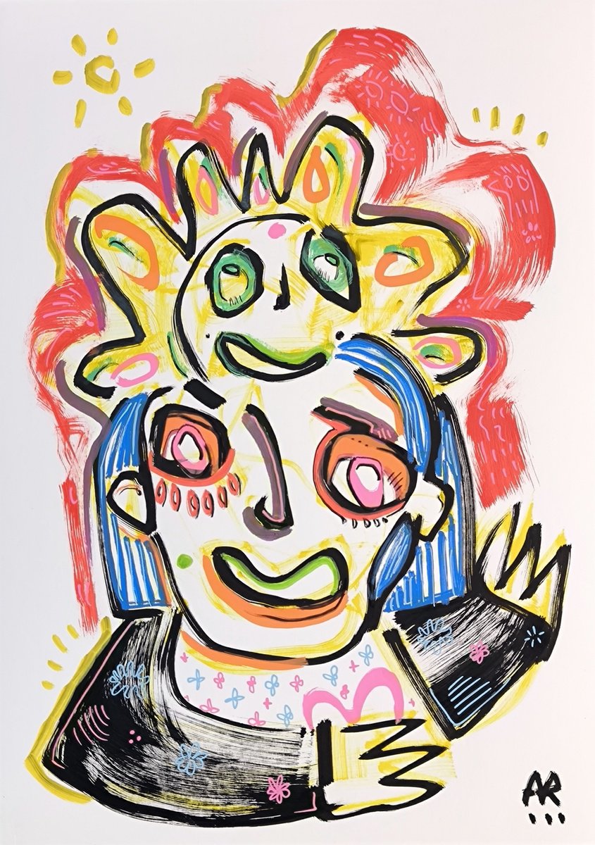 Expressive Portrait Drawing By Angel Rivas, 8 X 12, Sun Face, Original Artwork