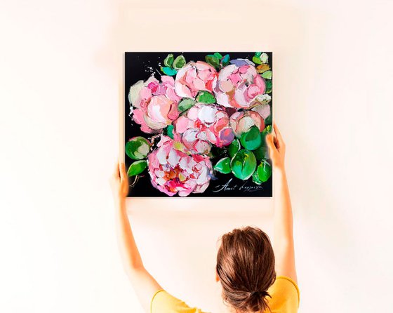 Blooming flowers on canvas, Peonies art