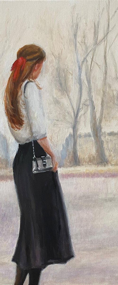 Girl with the Red Bow: Contemporary Oil Painting. by Jackie Smith