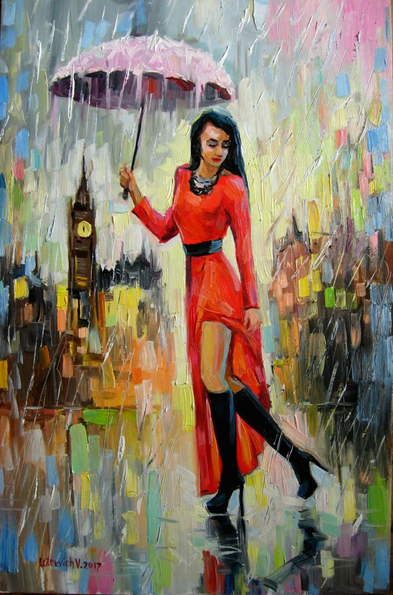 Expressive Portrait Oil Painting By Vladimir Lutsevich, 12 X 20", Walking In The Rain, Original Artwork