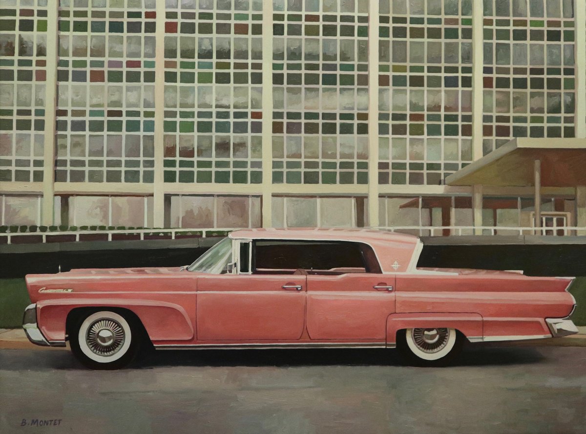 Photorealistic Cityscapes Oil Painting By Benoit Montet, 42 X 32, Pink Architecture , Original Artwork