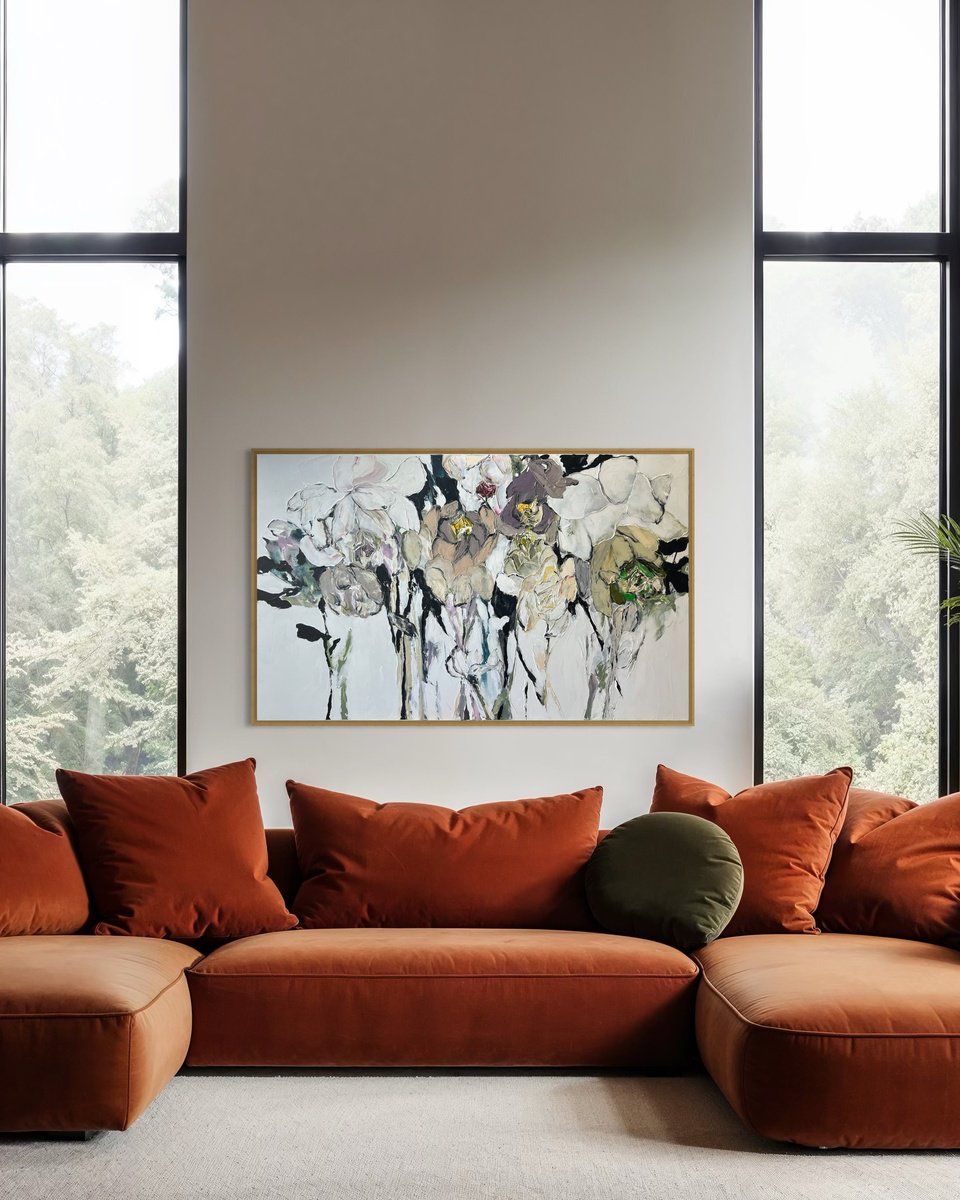 Impressionistic Botanical Acrylic Painting By Tetiana Hutsul, 61 X 37", Velvet Petals/ Floral, Original Artwork