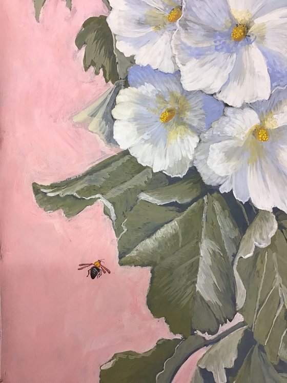 White Mallows with Bees and Butterfly Acrylic Painting on Canvas