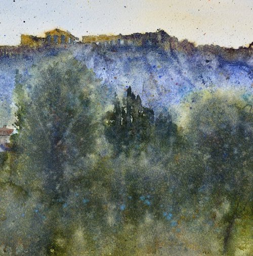 Skyline of light Acropolis Athens Greece 23x54cm 2022 by Nenad Kojić watercolorist