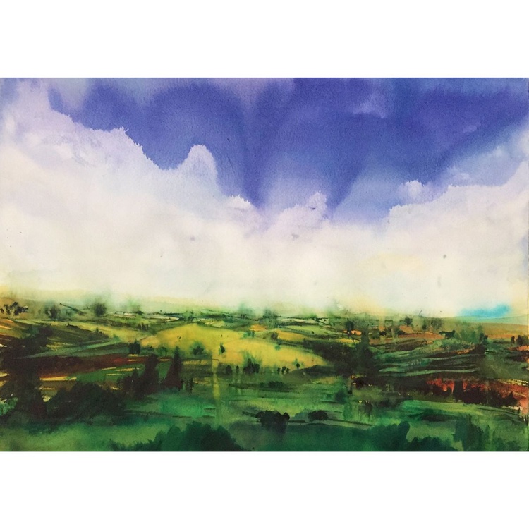 Autumn Fields And Clouds Watercolor Painting Artfinder