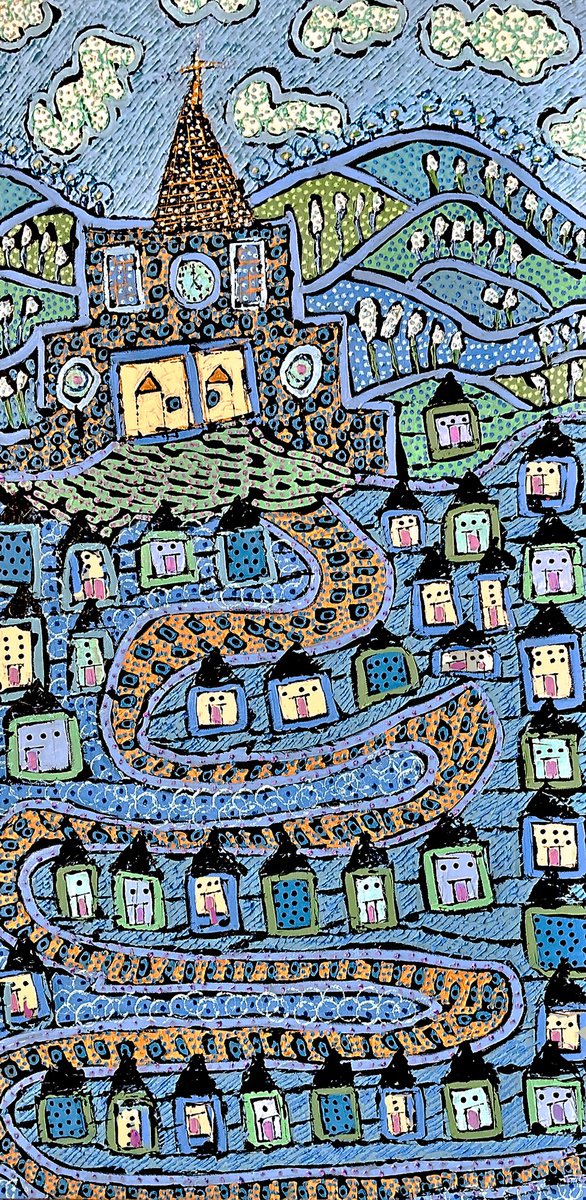 Naive Cityscapes Oil Painting By Ann Parks Mccray, 24 X 48, Village Path, Original Artwork