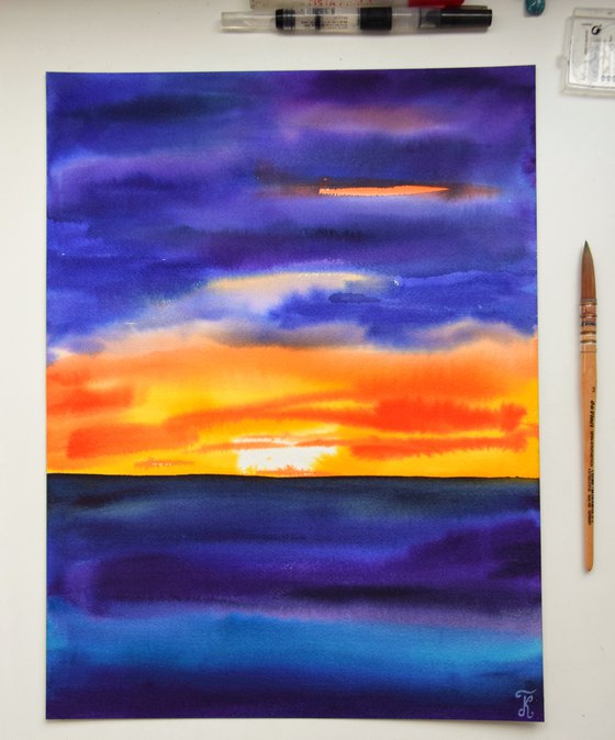 Seascape painting, sunset seaside original watercolor painting, sea ocean wall art