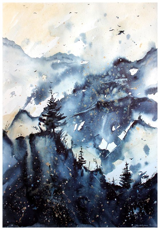 Mountain painting / Original watercolor / large wall art 16 by 23"