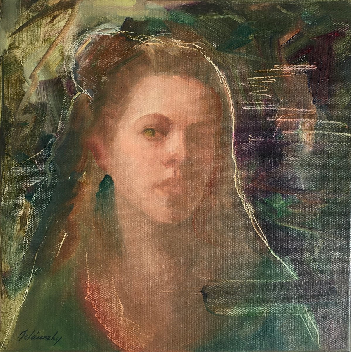 Expressive Portrait Oil Painting By Beata Belanszky Demko, 16 X 16, Dreaming Awake I., Original Artwork