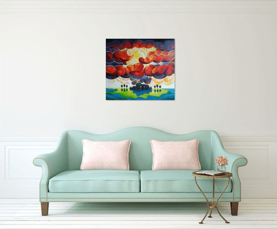 Sunset (80x90cm, cubism, oil painting, ready to hang)
