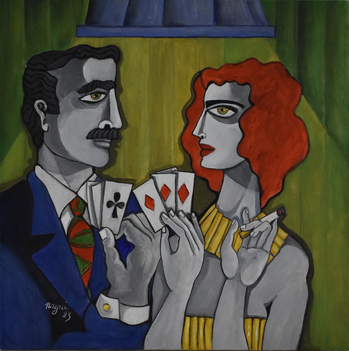 Expressive Portrait Acrylic Painting By Nagui, 24 X 24", The Gamble 2023, Original Artwork