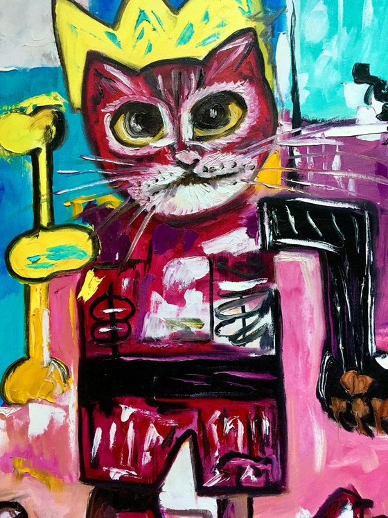 King Cat Troy  in a CROWN ( 71x 45cm, , 28x 18inches,) version of famous painting by Jean-Michel Basquiat