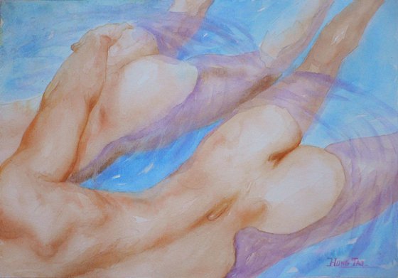 Watercolor painting  gay men in the swimming pool on paper#16-12-21-01