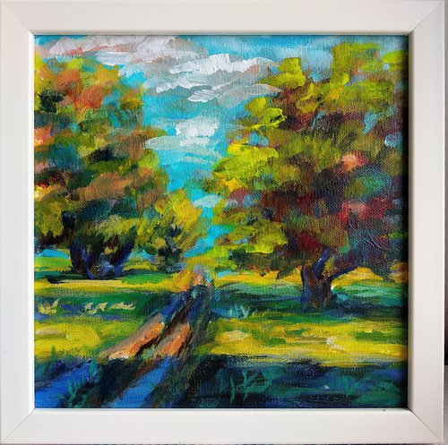 Sunny Summer landscape Trees and sky Original acrylic painting by Anastasia Art Line