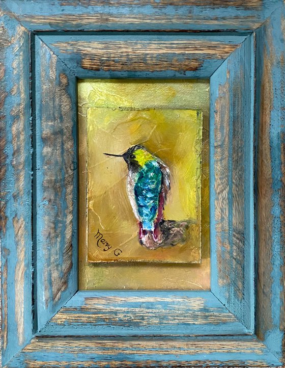 Ruby-throated Hummer oil painting on a gessoed masonite mounted on gessoed panelboard 4x6