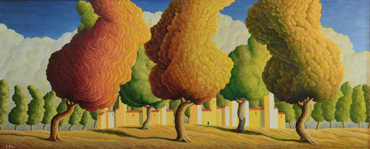 Surrealistic Oil Painting , Alberi Con Piccola Citta