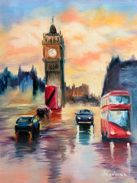 Cityscape London Streets of the City Red Bus Big Ben Tower Westminster Abbey