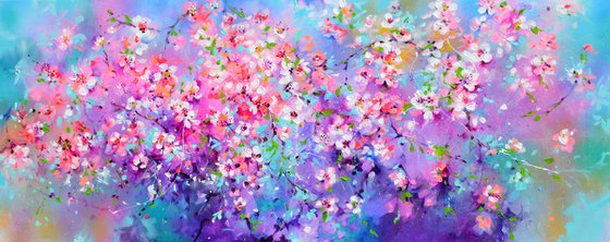 I've Dreamed 55 - Sakura Colorful Blossom - 150x60 cm, Palette Knife Modern Ready to Hang Floral Painting - Flowers Field Acrylics Painting