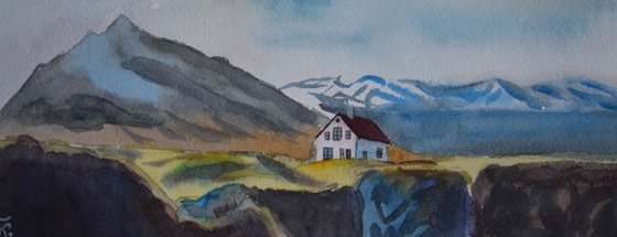 Iceland watercolor painting, Faroe Islands, cozy house in North landscape with mountains