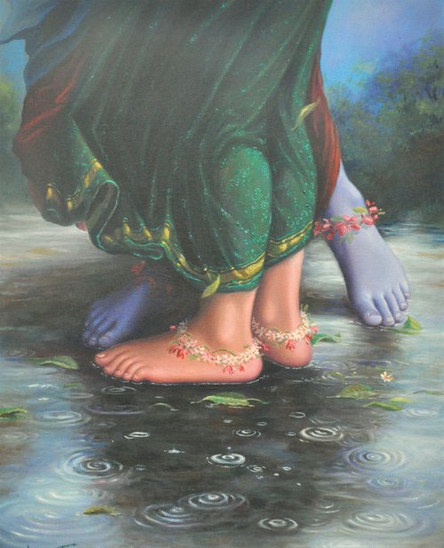 The Dancing Droplets On – The Lotus Feets | Oil Painting By Hari Om Singh by Hariom Hitesh Singh