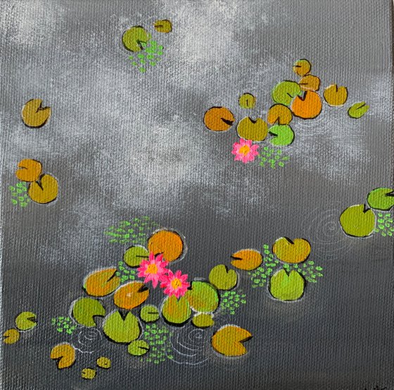 Grey water lilies III ! Small Painting!!  Ready to hang