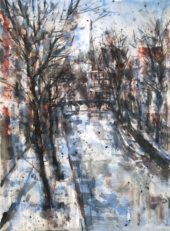 Channel. Amsterdam. one of the kind, original painting, watercolour.