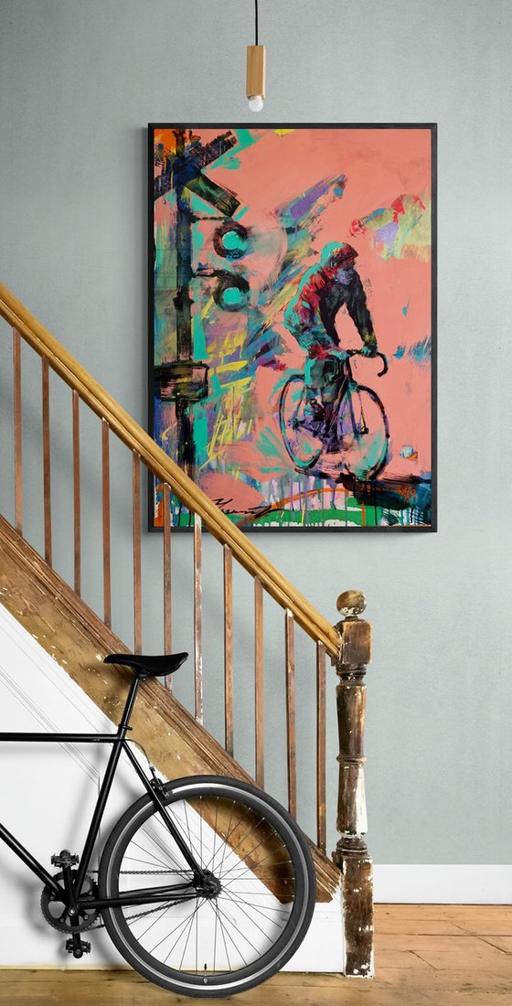 Bright painting - "City cyclist" - Urban Art - Pop Art - Bicycle - Street Art - Pink&Green - City - Street scene