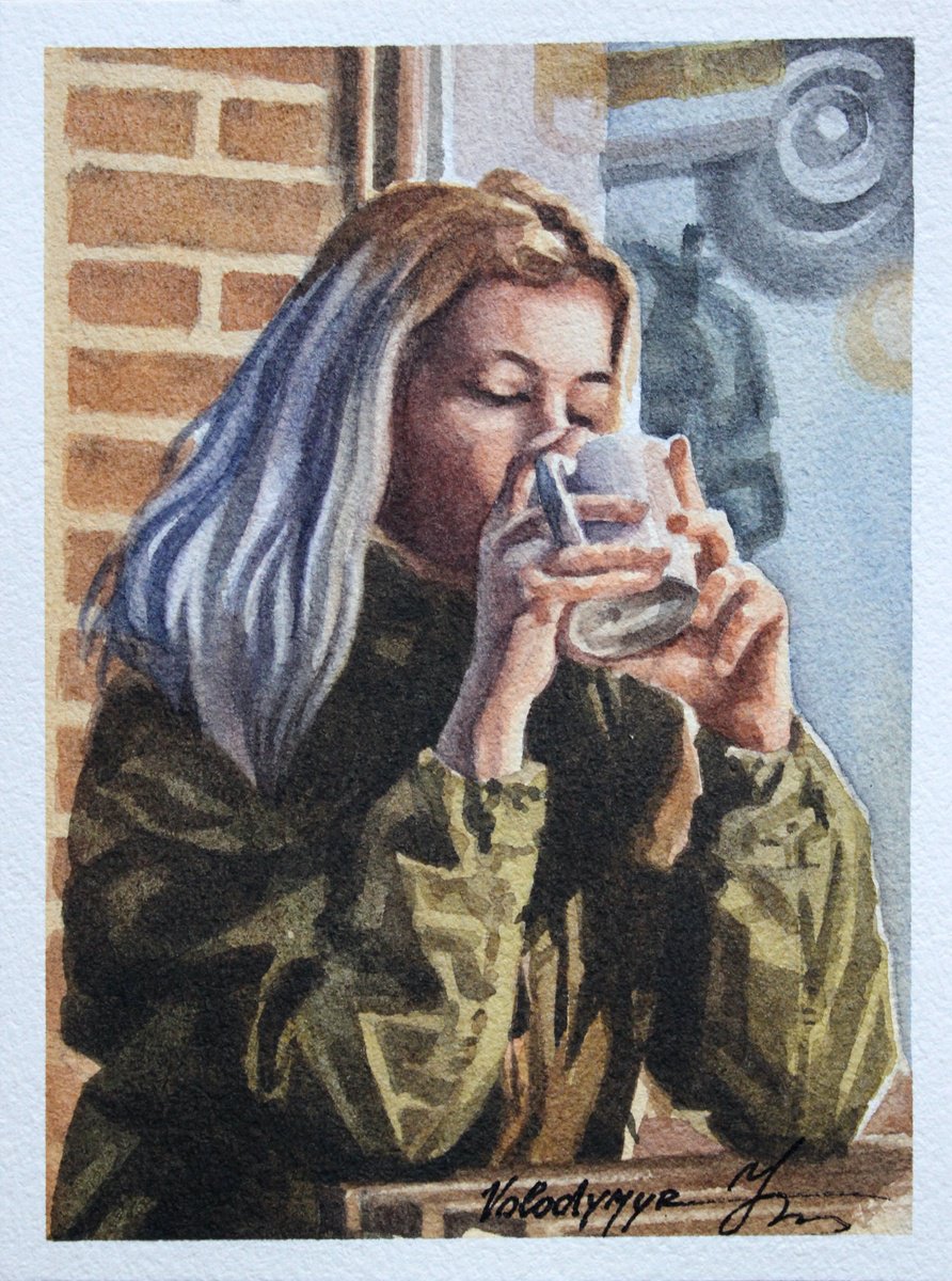 Portrait Watercolour By Volodymyr Melnychuk, 5 X 7", Hot Tea, Original Artwork